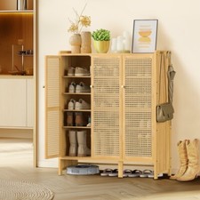 Large Shoe Storage Cabinet Organiser Rack Bamboo Adjustable Shelf with 4 Hooks