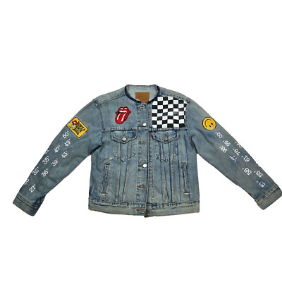 VTG Levis Distressed Jean Jacket 80's Patches The New Yorker Kiss Collerless