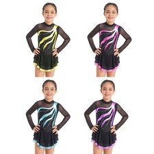 Girls Mesh Splice Figure Ice Skating Dress Long Sleeves Ballet Leotard Dancewear