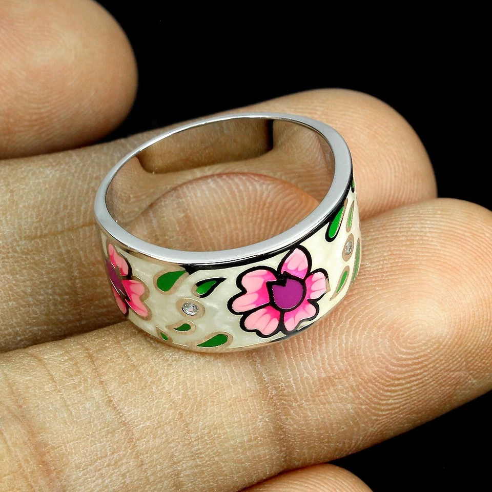 Anello in argento sterling 925 rotondo AAA bianco smalto simulato gemma gioielli - Immagine 3 di 4