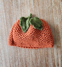 Adult Crochet Pumpkin Beanie Handmade Orange Green Stem Fall Knit Yarn Hat