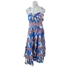 Farm Rio Multicolor Tropical Sleeveless Cami Tiered Midi Flare A-Line Dress Sz L