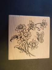 Daisies with Butterfly - Rubber Stamp - Wood Mounted - Used