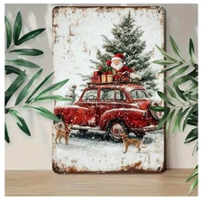 1pc Vintage Santa Claus On Red Truck Aluminum Metal Tin Sign, 8x12 in Rustic Wal