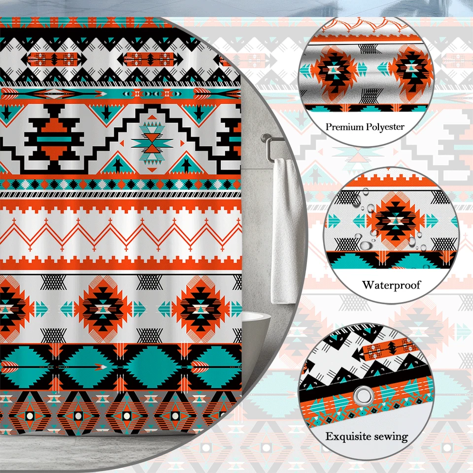 Cortina de Ducha Suroeste Azteca, Boho Tribal Geométrica Verde Azulado Naranja Foto 3 de 4