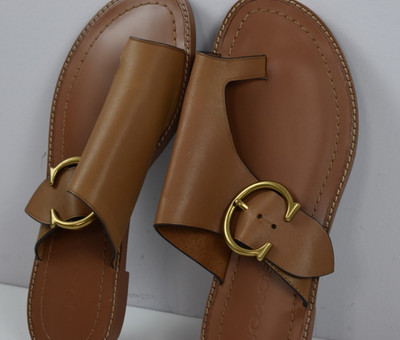 New Coach Sz 6 Slip On Sandals Leather Slides Brown Cognac Toe