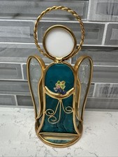 VTG Stained Gold/Teal Glass Angel Sun Catcher Holding Flowers Free Standing EUC 