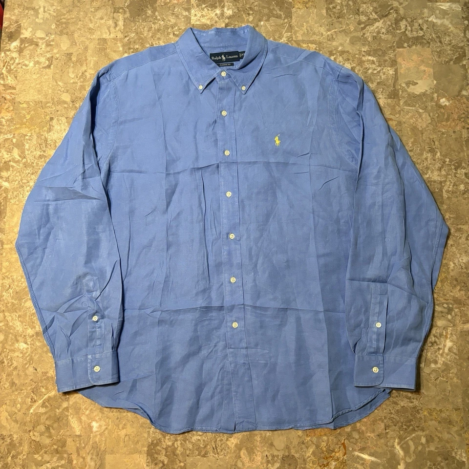 Polo Ralph Lauren Shirt Mens 2XL Blue Linen Silk Long Sleeve Button Vintage 90s - Image 2 of 4