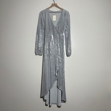 Flounce London NEW Womens Wrap Maxi Dress 12 Silver Sequins Hi Lo Event