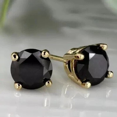 2.Ct Round Lab Created Black Diamond Women Stud Earring's 14K Yellow Gold Plated