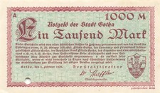 Gotha - Stadt - 1 Tausend Mark - Musterschein ohne Kn - Bst. A - Lochentwertet