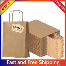 50 Pack Brown Paper Bags w Handles 8x4.25x10.5in - Reusable Gift Shopping Bags..