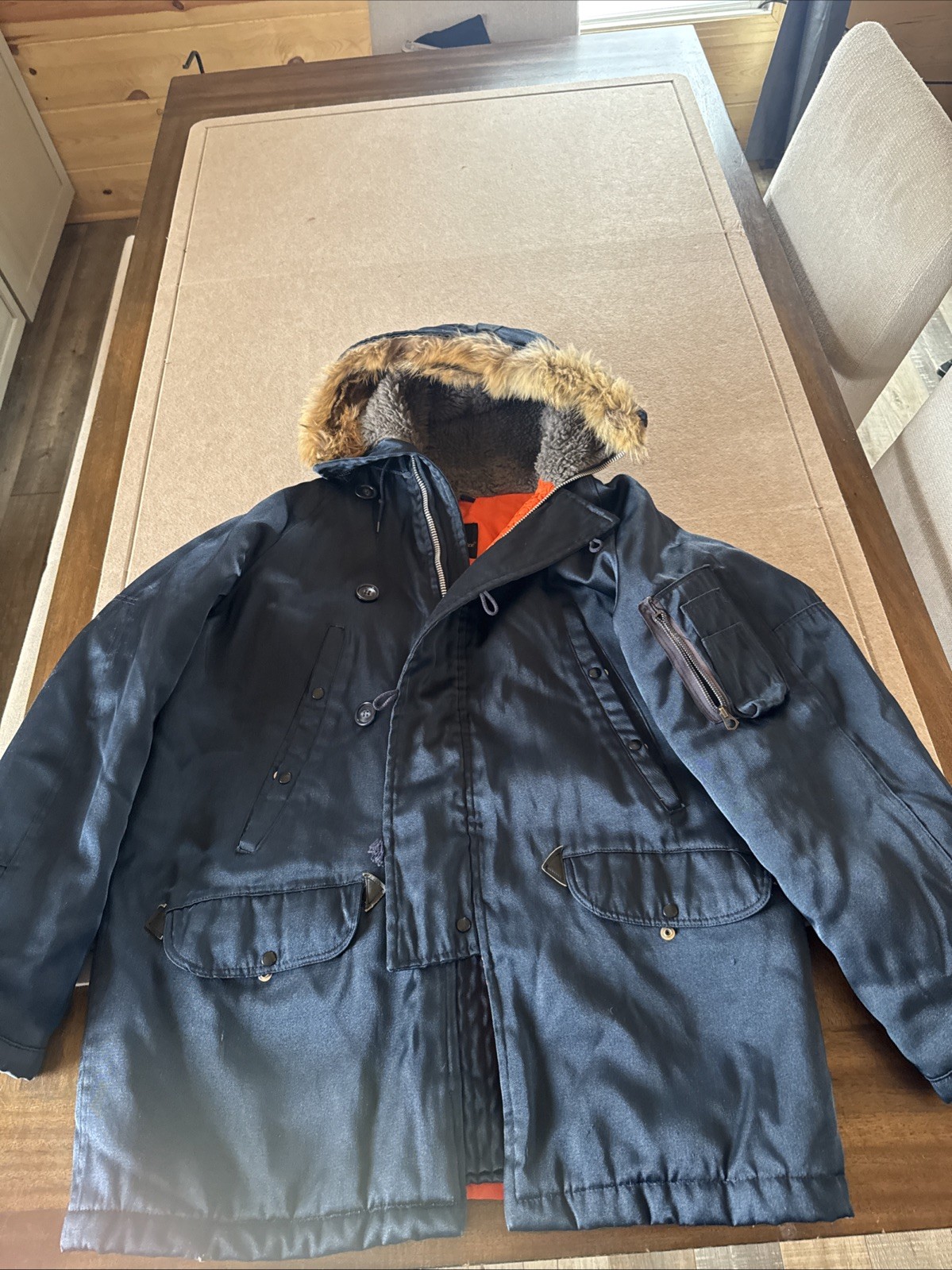 Vintage Golden Fleece Parka Work Coat 44 Quilt Lined Navy Fur Trim On Hood