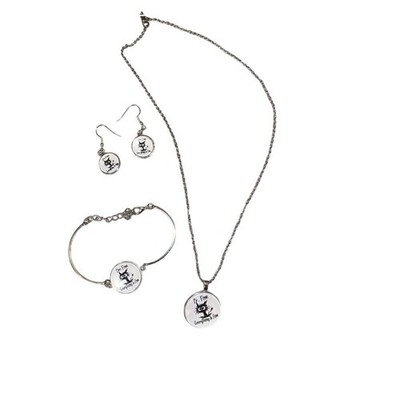 'I am fine everything's fine' cat jewelry, set of necklace, earrings, &bracelet