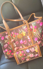 Floral Faux Leather Canvas Large Tote Bag, Zip, Brown/Multicolour, Coin Purse