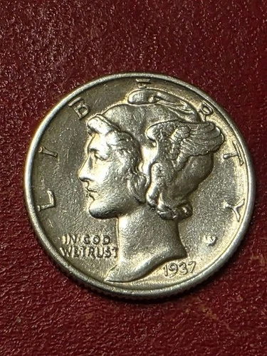 *RARE FIND !*  1937 P AU  SILVER MERCURY DIME with STRONG  ALL FULL BANDS  ALBUM