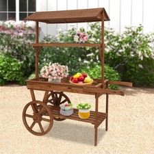 Retro Wooden Rolling Table Cart w/2 Wheels Flower Stand Display Rack Tea Stall