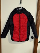 Under Armour Boys Size YXL Color Block ColdGear Hooded Puffer Jacket Red And Blk