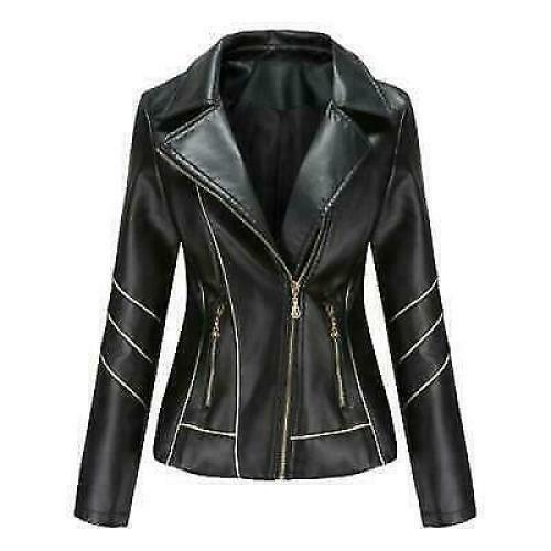 Otoño Primavera Mujer Imitación Cuero Chaqueta Moto Solapa Delgado Abrigo Corto Informal - Imagen 13 de 17
