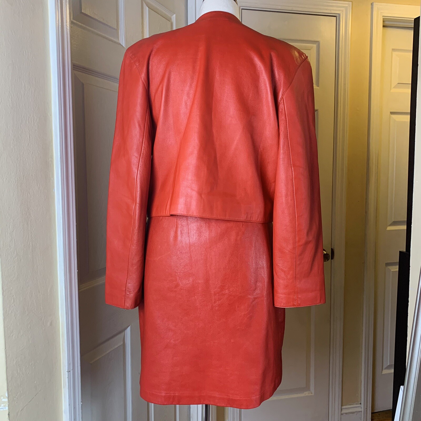 VINTAGE Red leather skirt suit set Large Gem