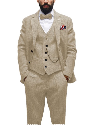 Tweed Men Suit 3 Piece Herringbone Wedding Tuxedo Suit Blazer Vest Size 42 44 46 - Picture 26 of 26