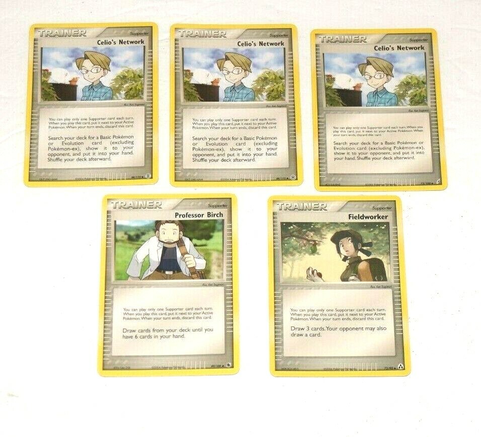 Set of 5 Pokemon Trainer Cards, 3 Celio's Network, Professor Birch, Fieldworker