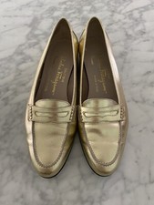 Salvatore Ferragamo Calf Leather Gold Metallic Italian Round-Toe Loafers 6 B Vtg
