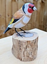 Goldfinch Hand Carved Painted Bird Wood Log Tree Stump Wooden Figure Ornament 