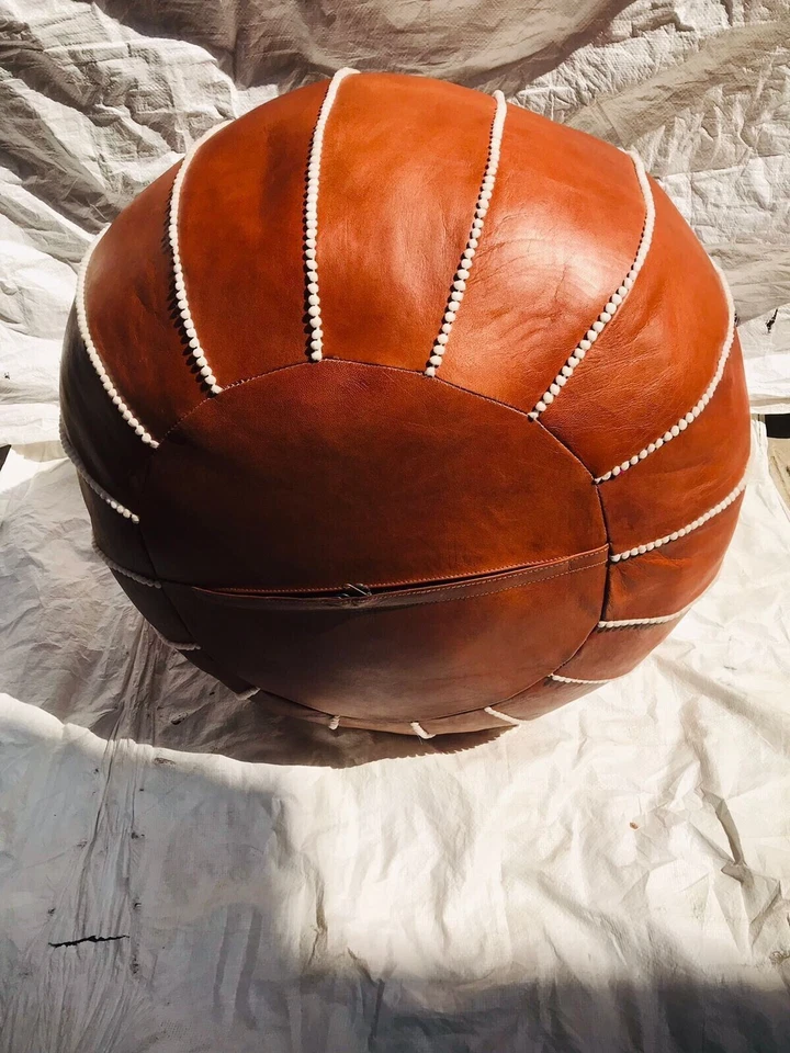 New Pouf Ottoman Leather Footstool Moroccan Brown Boho Round Pouffe - Image 3 of 4