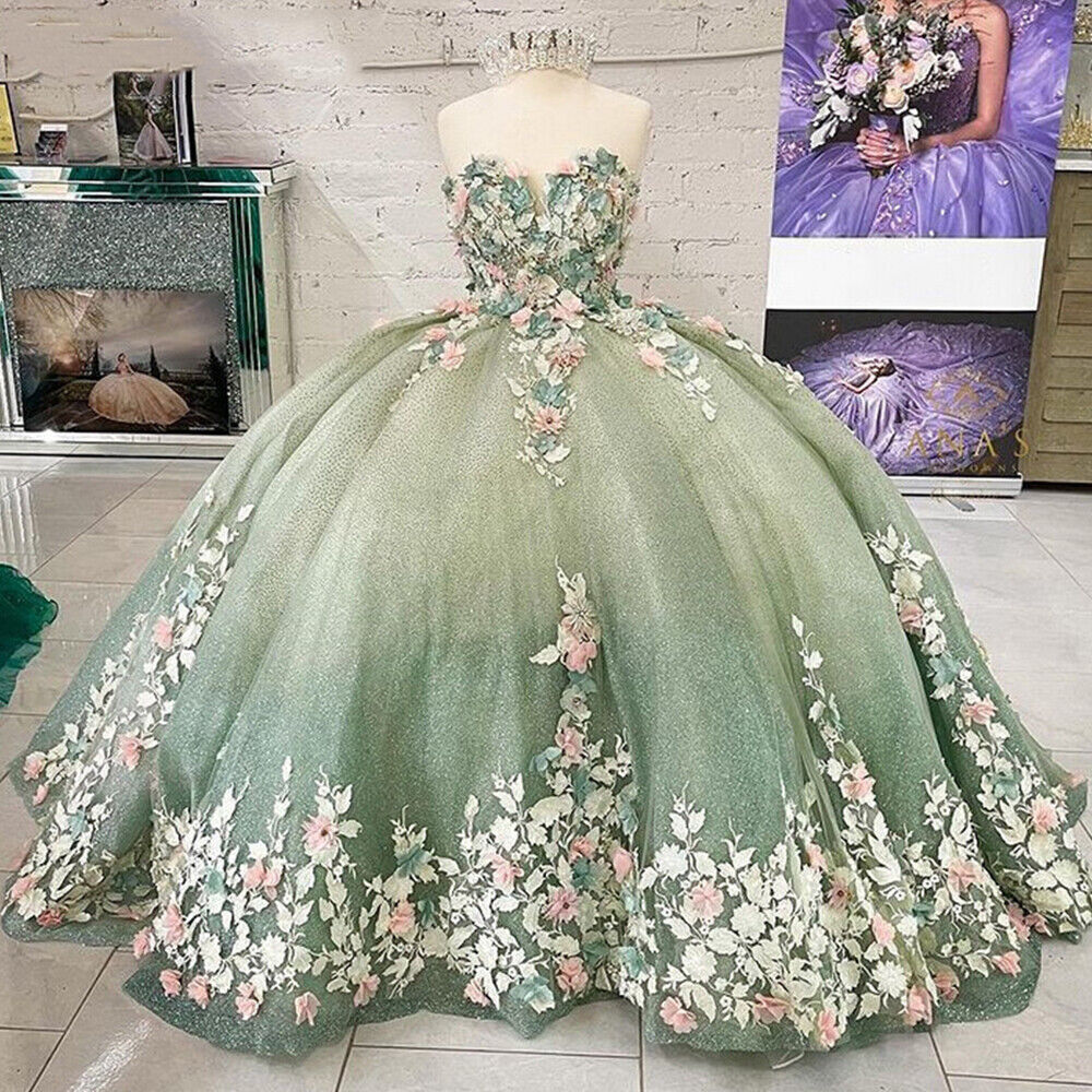 Light Green Quinceanera Dresses 3D Floral Beaded Pageant Prom Ball Gown  Sweet 16