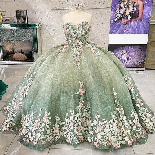 Hellgrün Quinceanera Kleider 3D Blumenmuster Perlen Festzug Abschlussball Ballkleid süß 16 - Bild 3 von 12