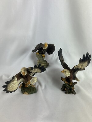 Bald Eagle Figurine Set Of 3 Wings Spread Perched On Tree Stump Rocks 5  Resin