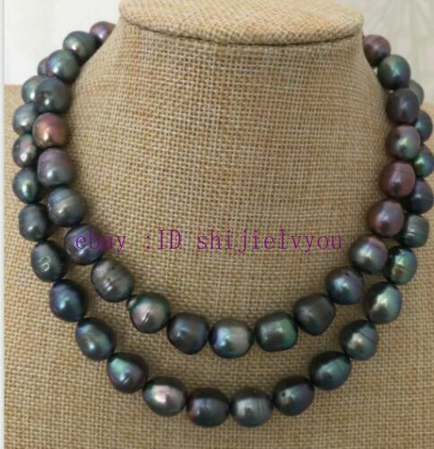 New 10-13 mm tahitian black green baroque pearl necklace 34” AAA - Picture 4 of 4
