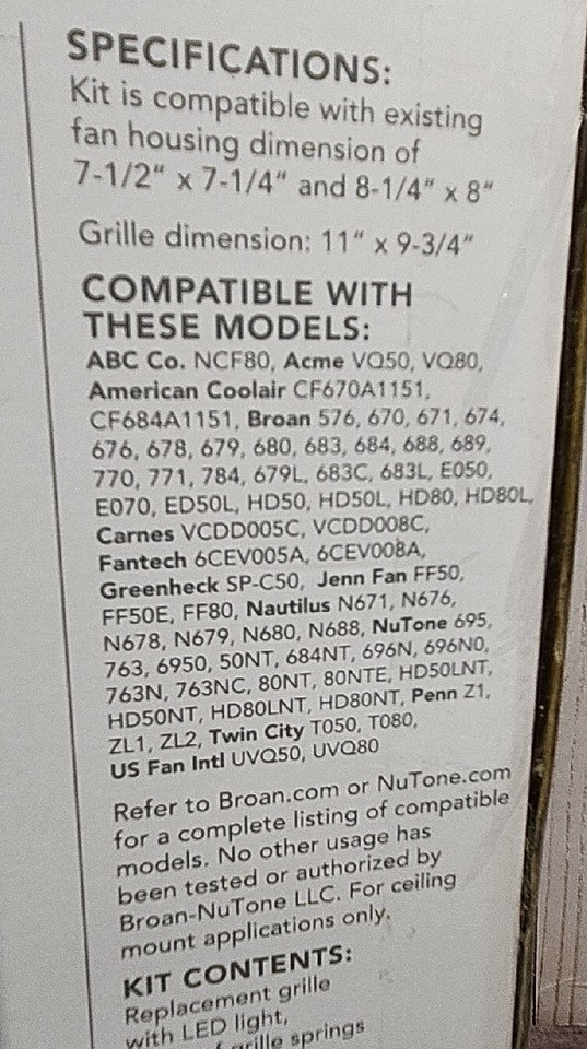 BroanNutone Quick Installation Bathroom Exhaust Fan Grille Cover with