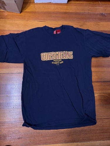 Guess Jeans Mens Medium - Spell Out T-Shirt Navy Blue Brown Vintage USA M38DV370 - Picture 2 of 5