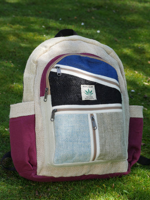 Rucksack aus Hanf (THC frei) baige/Weinrot, 5 Taschen mit Reißverschluss