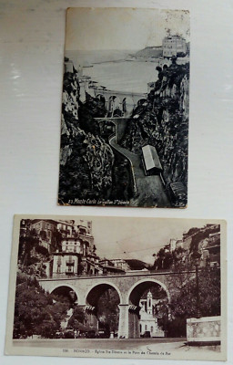 2 ca1900;MONACO;MONTE CARLO;LE VALLON STE DEVOTE;EGLISE,PONT DU CHEMIN DE FER
