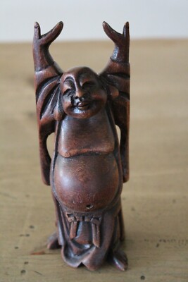 Vintage Arms Up Laughing Wood Buddha Taiwan Republic of China 6'' Tall