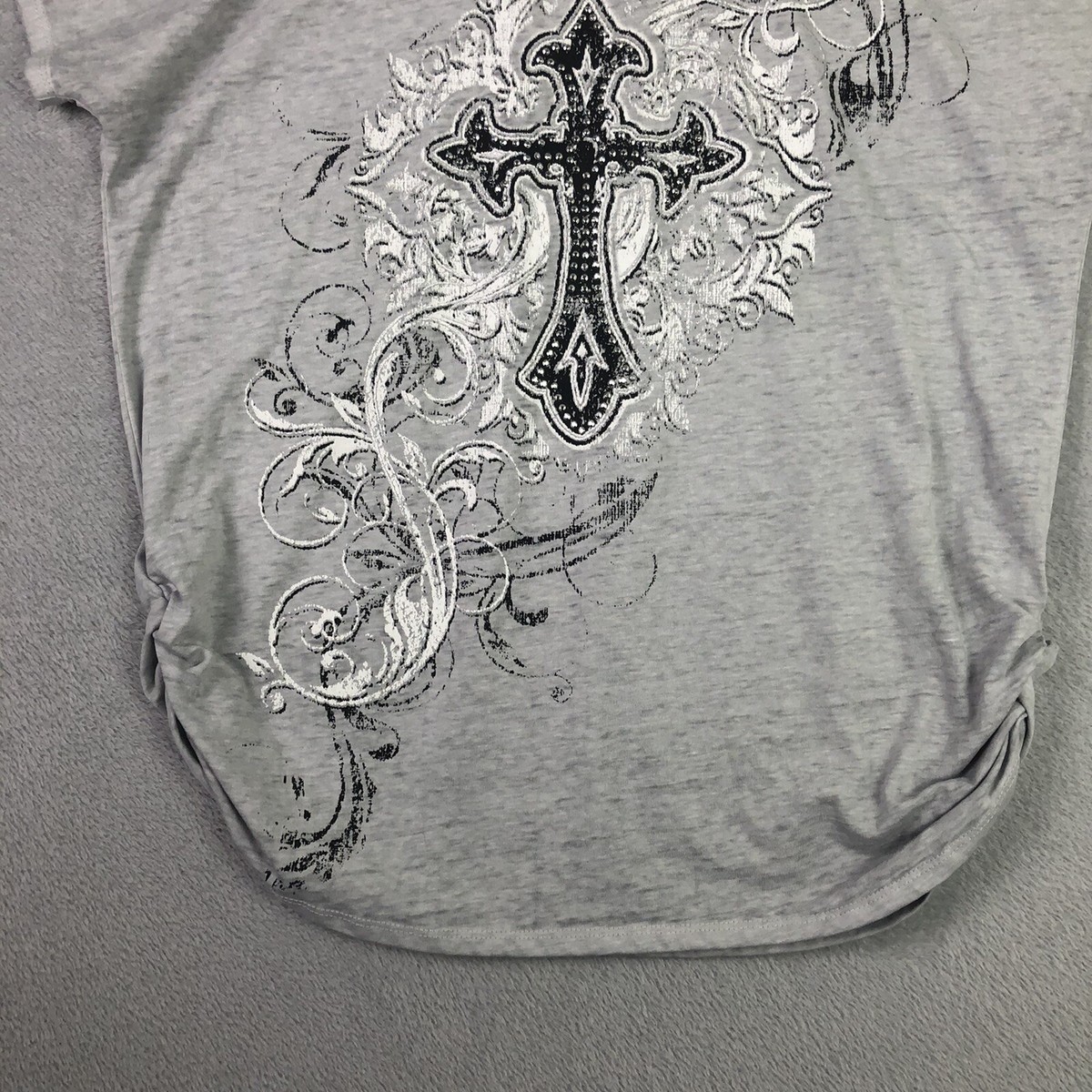 Y2K 2000s Top Womens Large Gray Black Embellished Cross Y2K 2000s Top Womens Large Gray Black Embellished Cross
