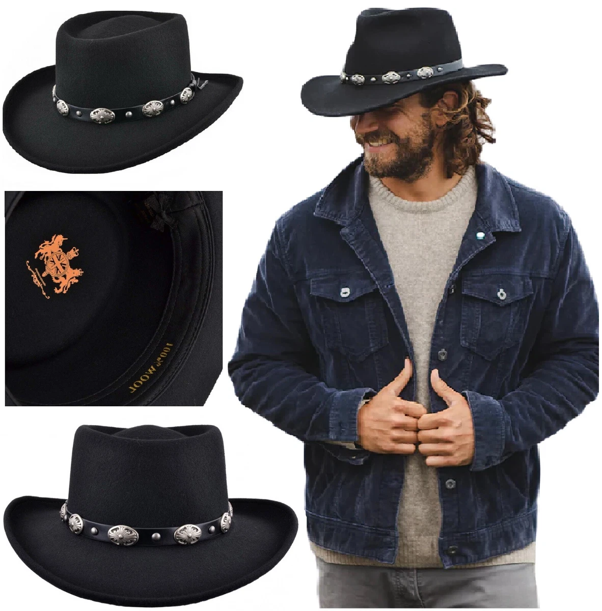 Gambler Hat Men’s Cowboy Fedora 100% Wool Black Crushable Hats With Buckle  Band