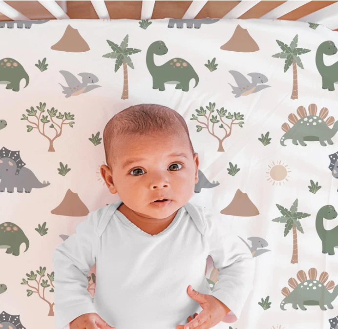 Juego de cama de cuna para bebé para niños, decoración de guardería de dinosaurios, camuflaje verde salvia, Crib Co Foto 3 de 4