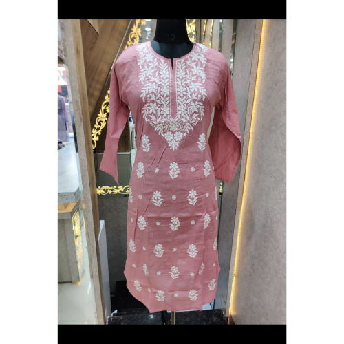 Lucknowi Cotton Kurti Women Chikan Embroidery Straight Pure Cotton Kurta 38-46 - Picture 2 of 7