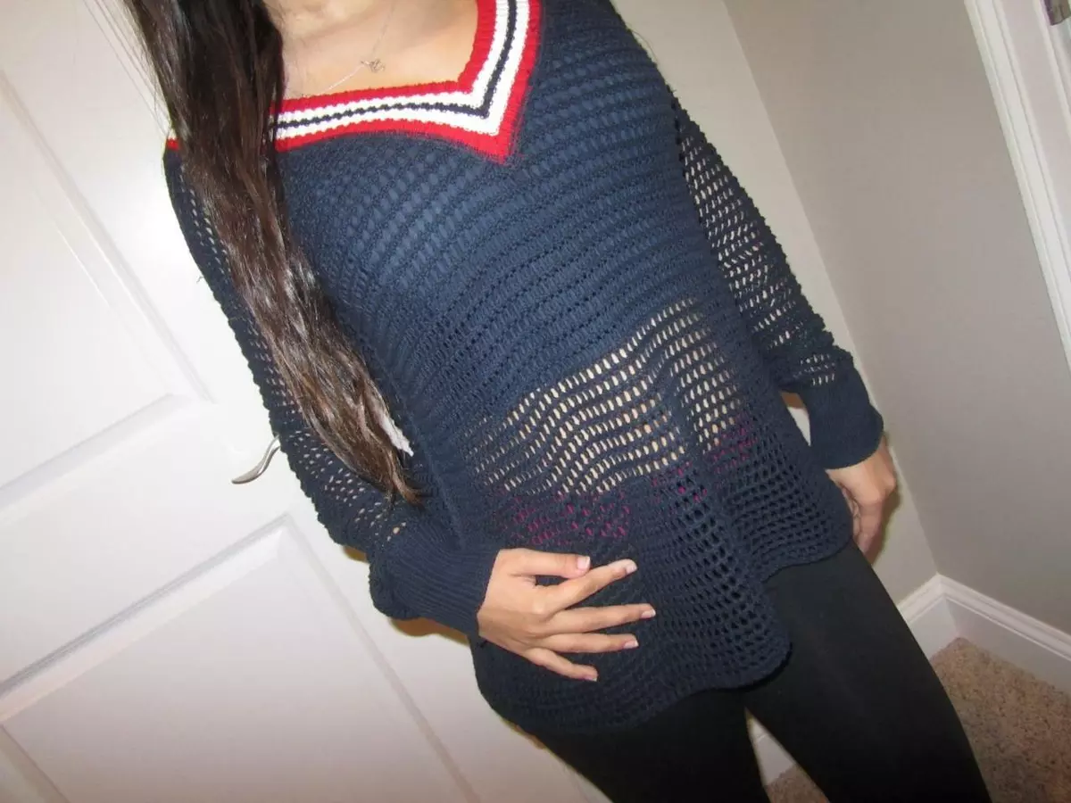 We The Free People Shirt Crochet Top Navy V-Neck Long Sleeve Open Knit  tunic S
