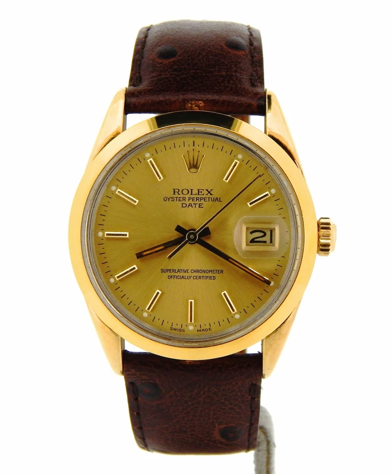 Rolex Date relógio masculino aço concha dourada mostrador champanhe pulseira marrom vintage 15505