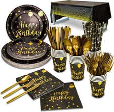 Gold Party Dinnerware Set - Plates, Cups, Cutlery (25)