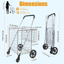 Utility Folding Shopping Cart, 115L Heavy Duty Grocery Cart with Double Baske...