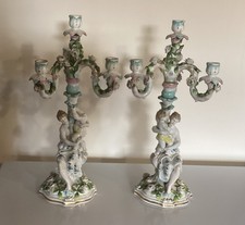 A Pair Of 19th C. German Porcelain Figural Candelabra Encrusted With Flowers A/F