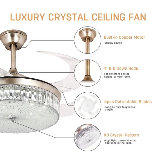 42 Inch Crystal Ceiling Fan with LightModern Retractable Flush Mount Low Prof... - Picture 7 of 7
