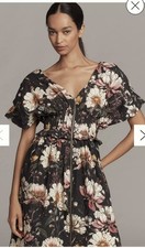 Anthropologie Black Floral Midi Dress Small NWT