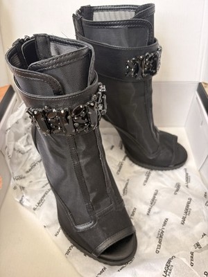 Karl Lagerfeld Paris Black Ankle Bootie Peep Toe Rhinestone Zip Women 6.5